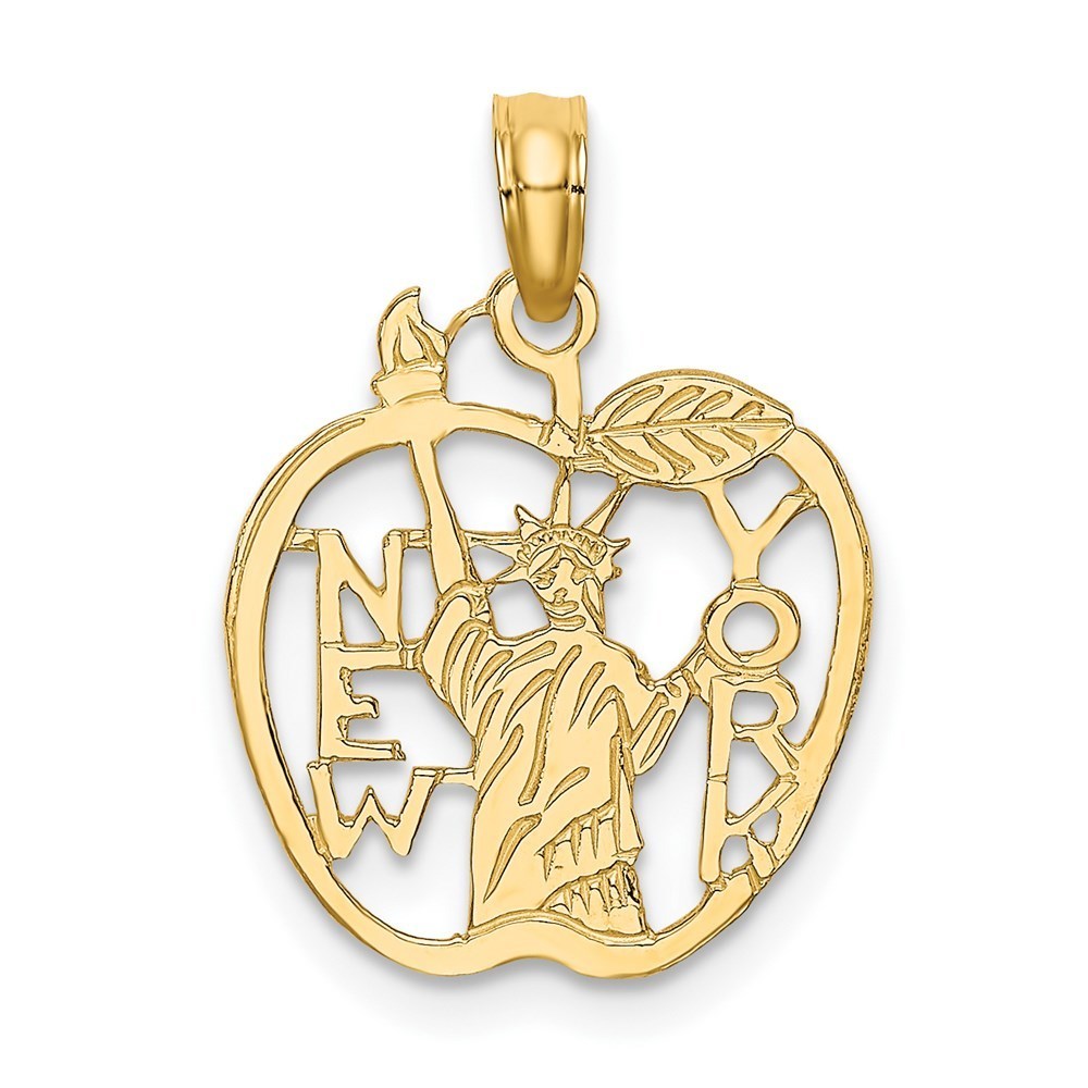 14k Yellow Gold Small Travel Cut-Out New York W/Statue Of Liberty In Apple Charm